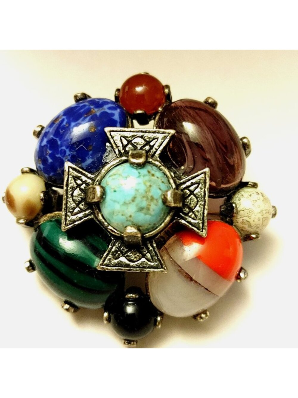 Miracle Celtic Pewter Brooch Pin Vintage Multicolor Stone Cabochon Stones